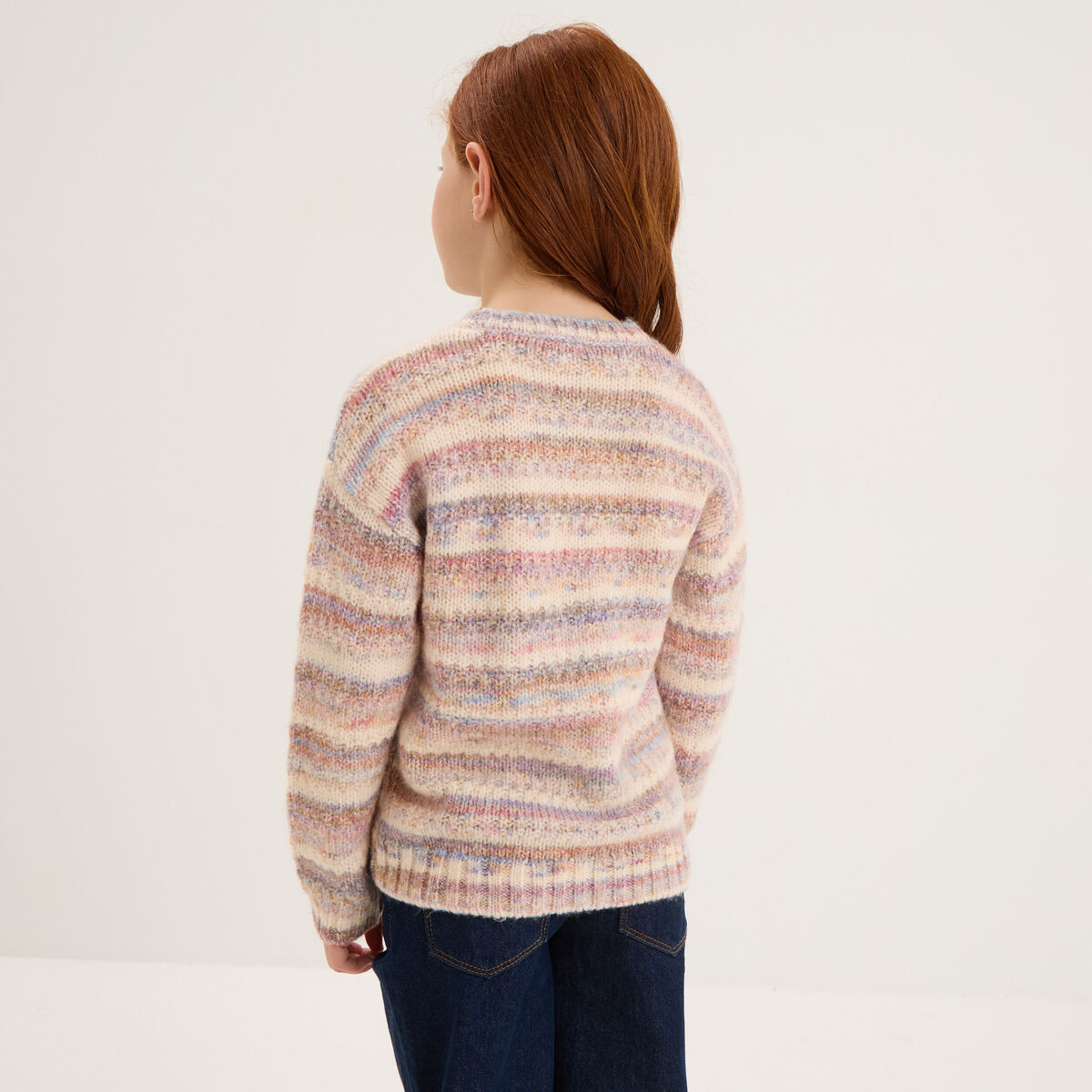 Pull col rond droit manches longues multicolore fille