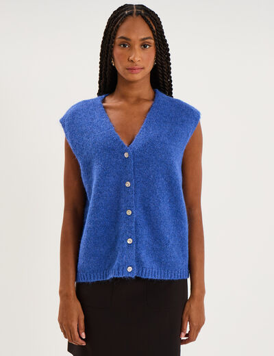 Gilet sans manches col V boutonn&eacute; bleu roi femme