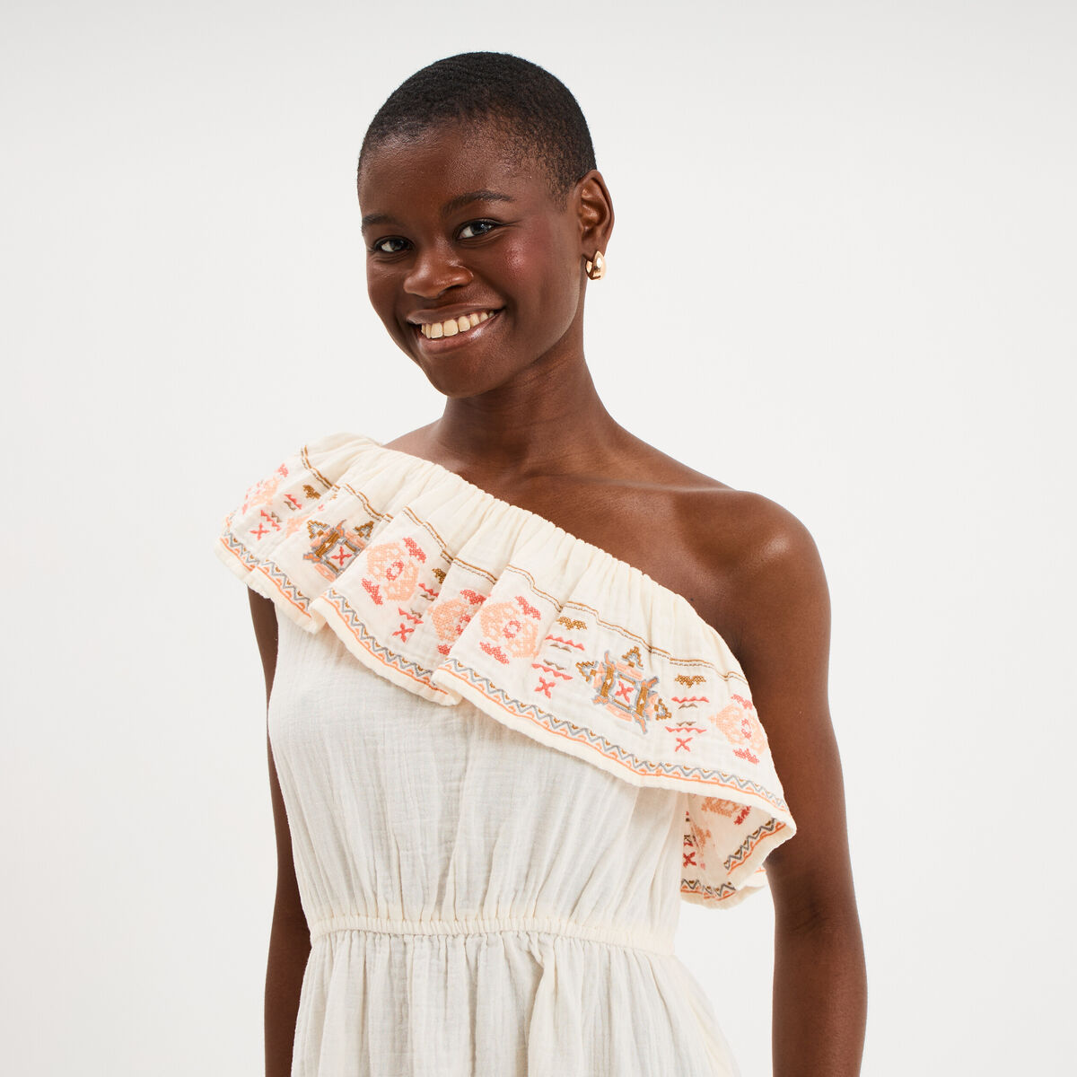 Robe asym&eacute;trique col brod&eacute; gaze de coton creme femme