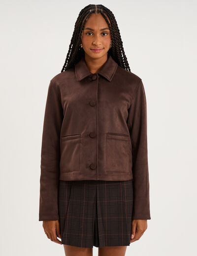 Veste paletot en su&eacute;dine boutonn&eacute;e marron fonc&eacute; femme