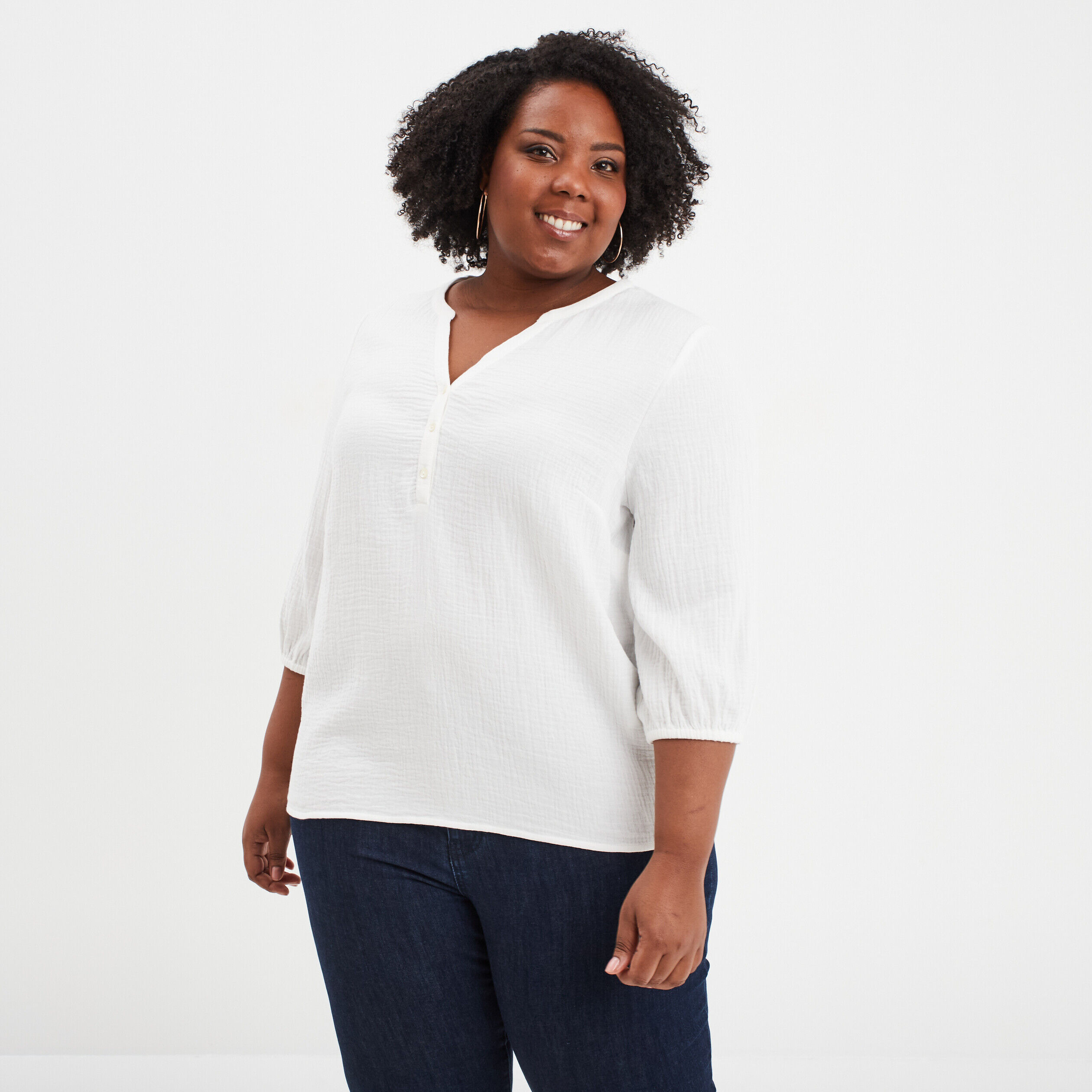 Blouse manches 3/4 gaze de coton blanc femme grande taille MODAVISTA
