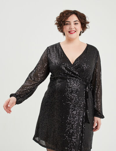 Robe à sequins portefeuille noir femme grande taille