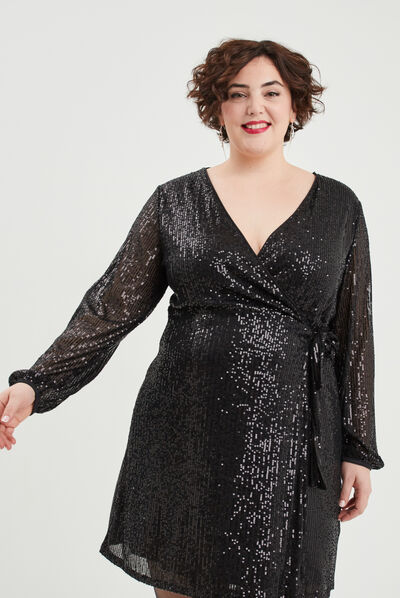 Robe à sequins portefeuille noir femme grande taille