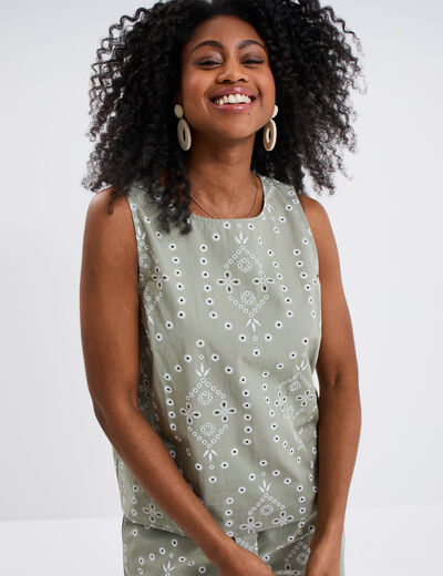 Blouse broderie anglaise sans manches vert clair femme