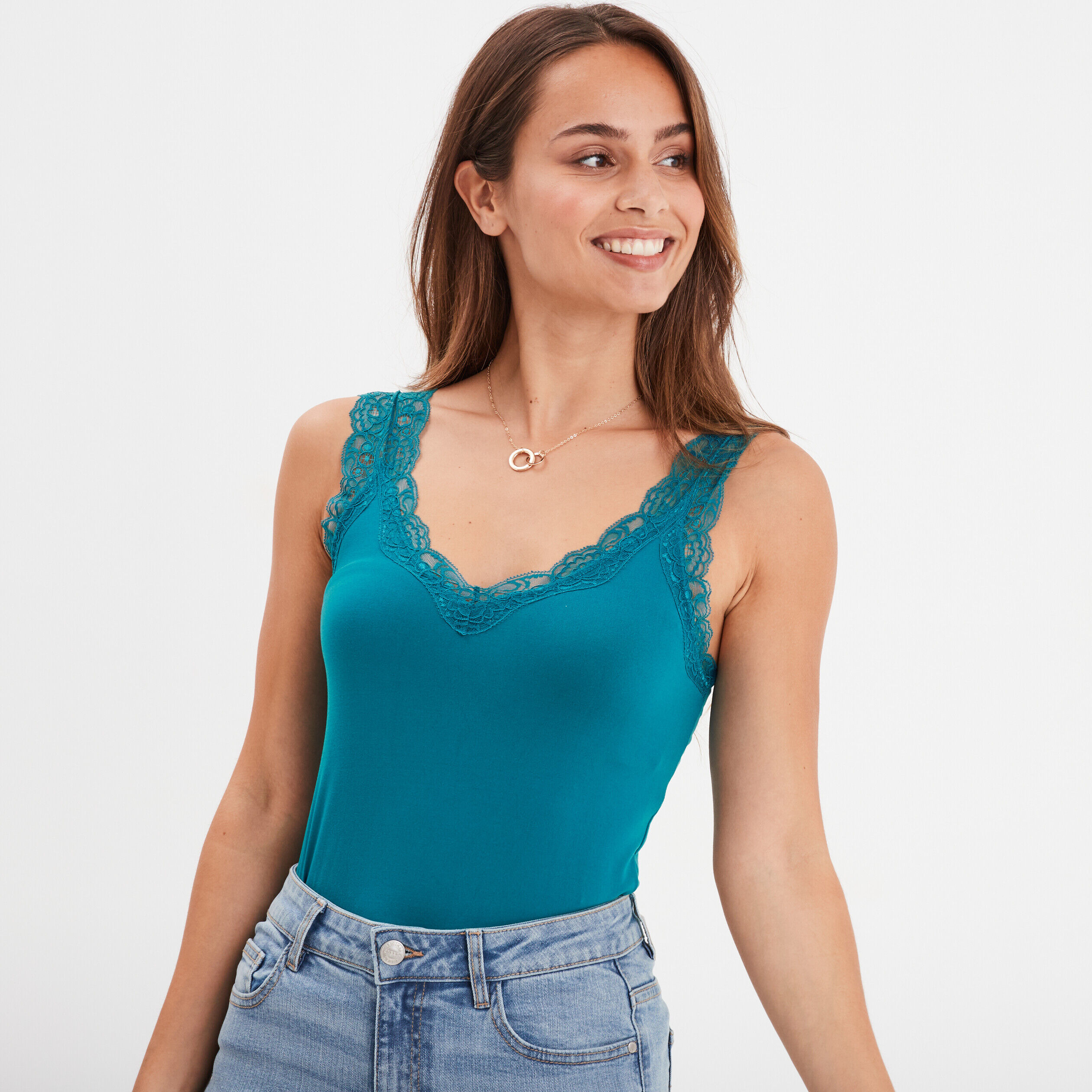 Débardeur détail dentelle ajusté bleu canard femme LH