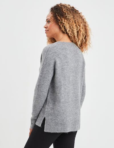 Pull droit ample col V fentes aux côtés gris clair femme