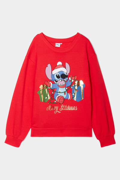Sweat de Noël col rond Stitch rouge femme