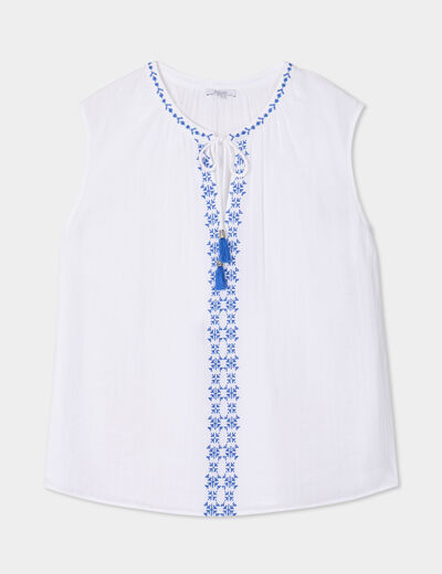 Blouse brodée col tunisien coton blanc femme grande taille