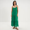 Robe longue &agrave; volants fines bretelles vert canard femme