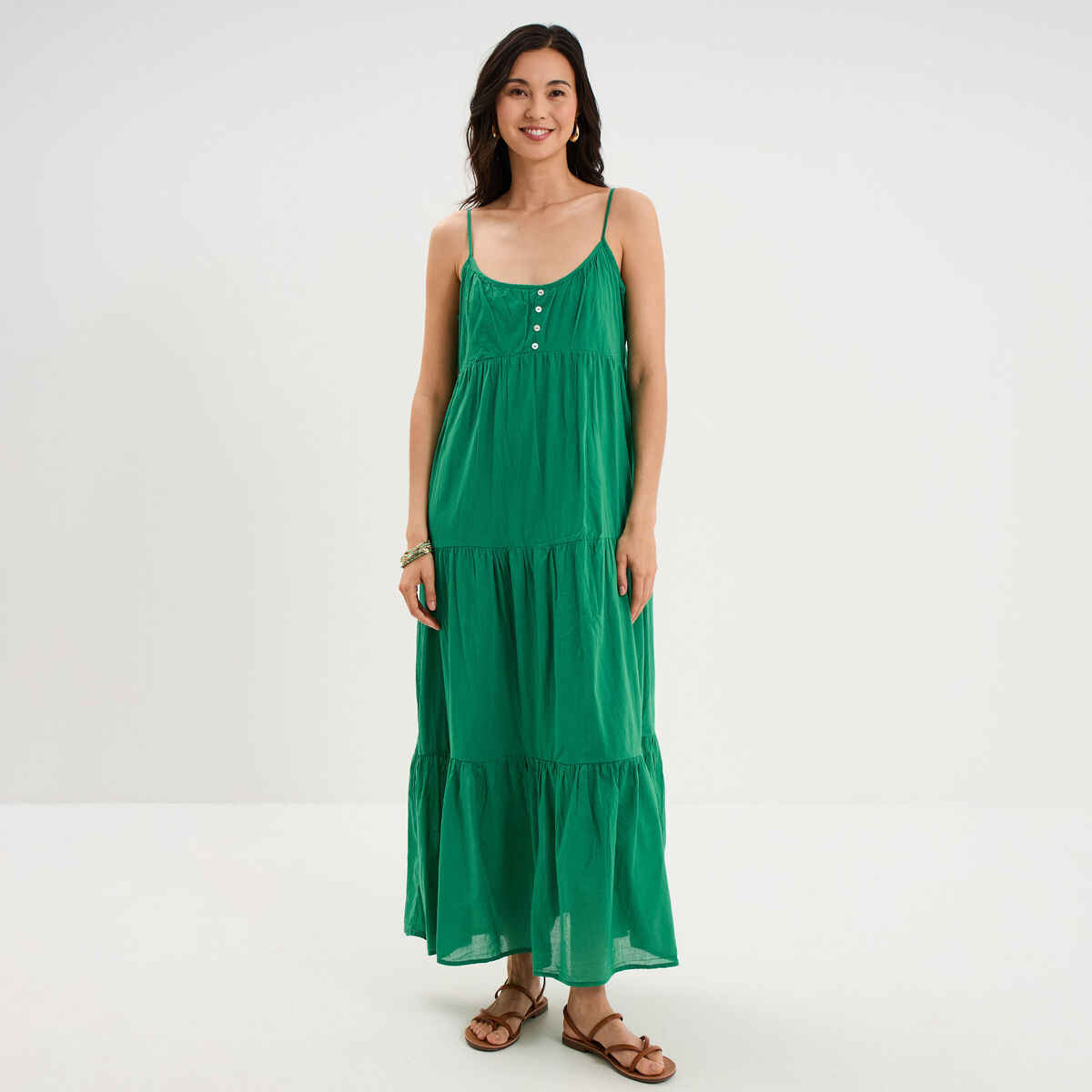 Robe longue &agrave; volants fines bretelles vert canard femme