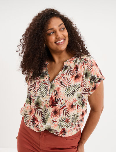 Blouse col en V manches courtes beige femme grande taille