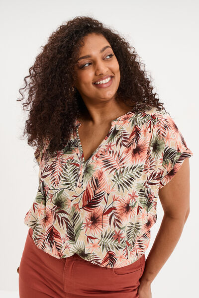 Blouse col en V manches courtes beige femme grande taille