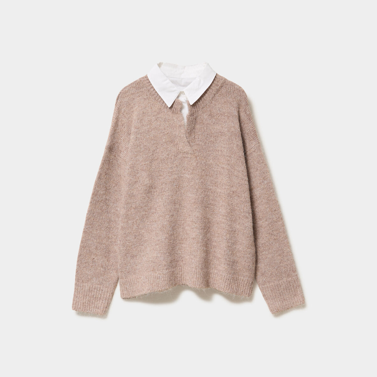 Pull 2-en-1 col chemise manches longues beige femme