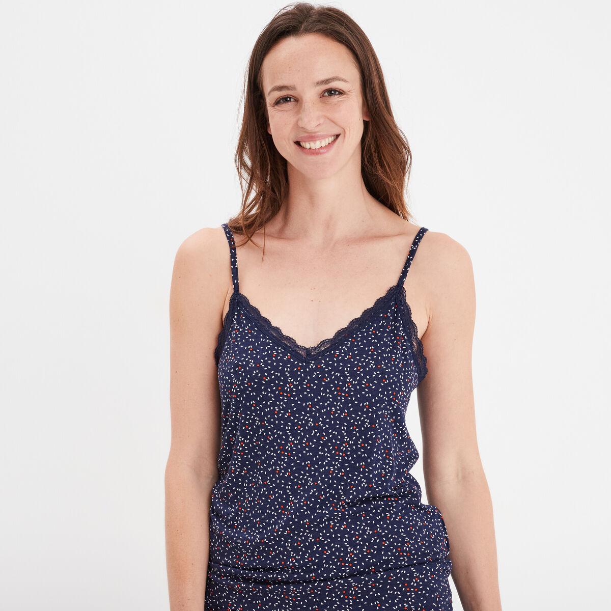 Haut de pyjama d&eacute;bardeur &agrave; bretelles bleu marine femme