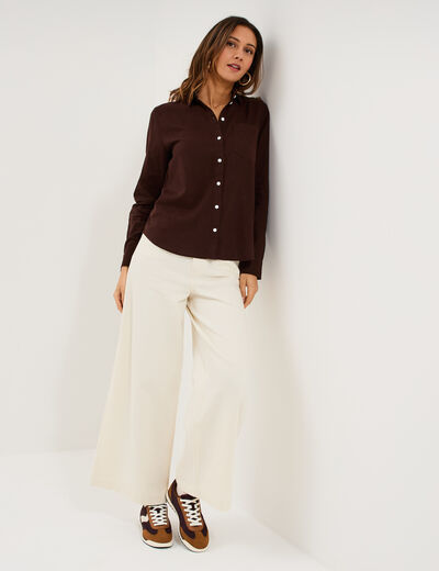 Chemise lin m&eacute;lang&eacute; manches longues marron fonc&eacute; femme