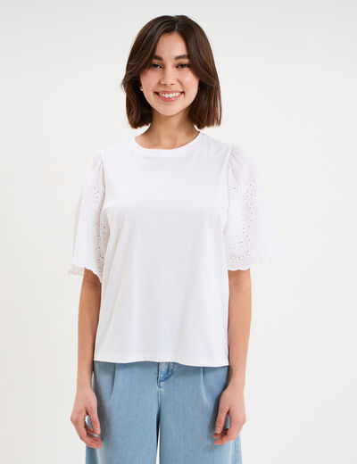 T-shirt manches broderie anglaise coton blanc femme