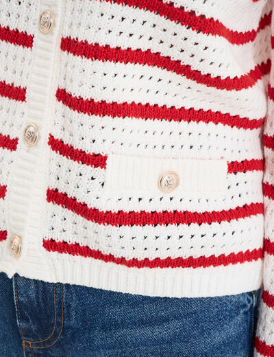 Gilet effet ajour&eacute; manches longues coton ecru femme