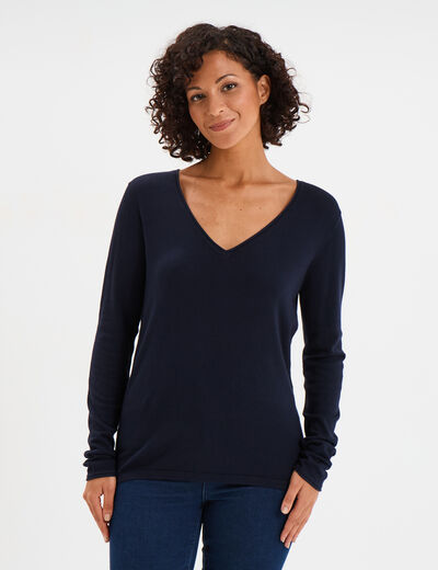 Pull ajusté avec col en V bleu marine femme