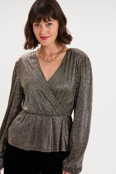 Blouse cache-coeur manches longues jaune or femme
