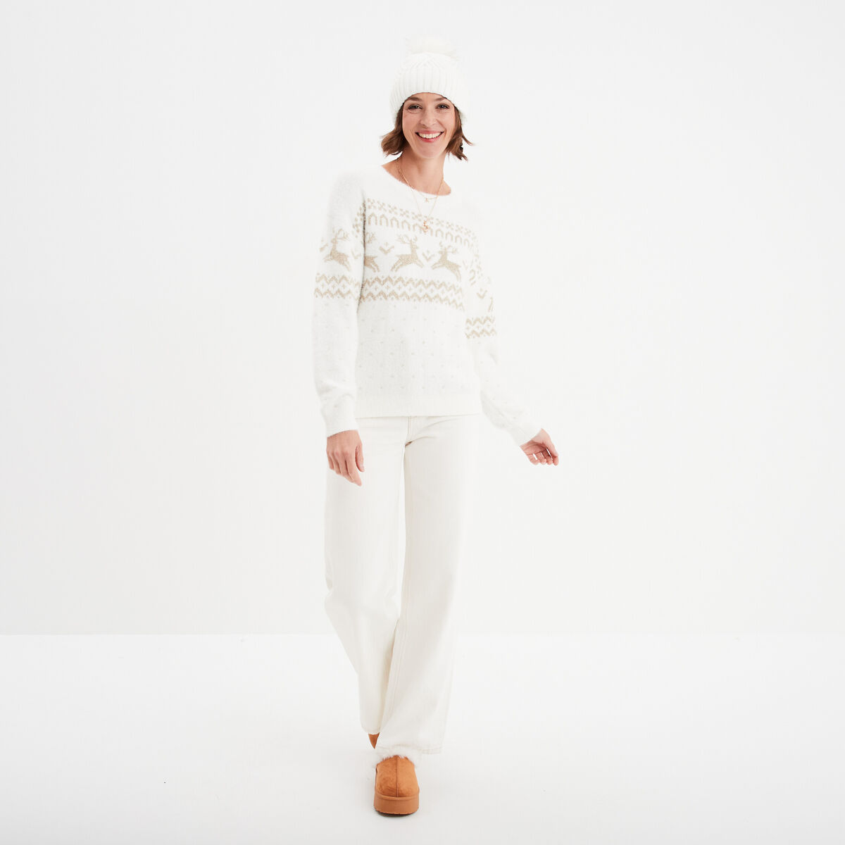 Pull Noël col rond manches longues blanc femme
