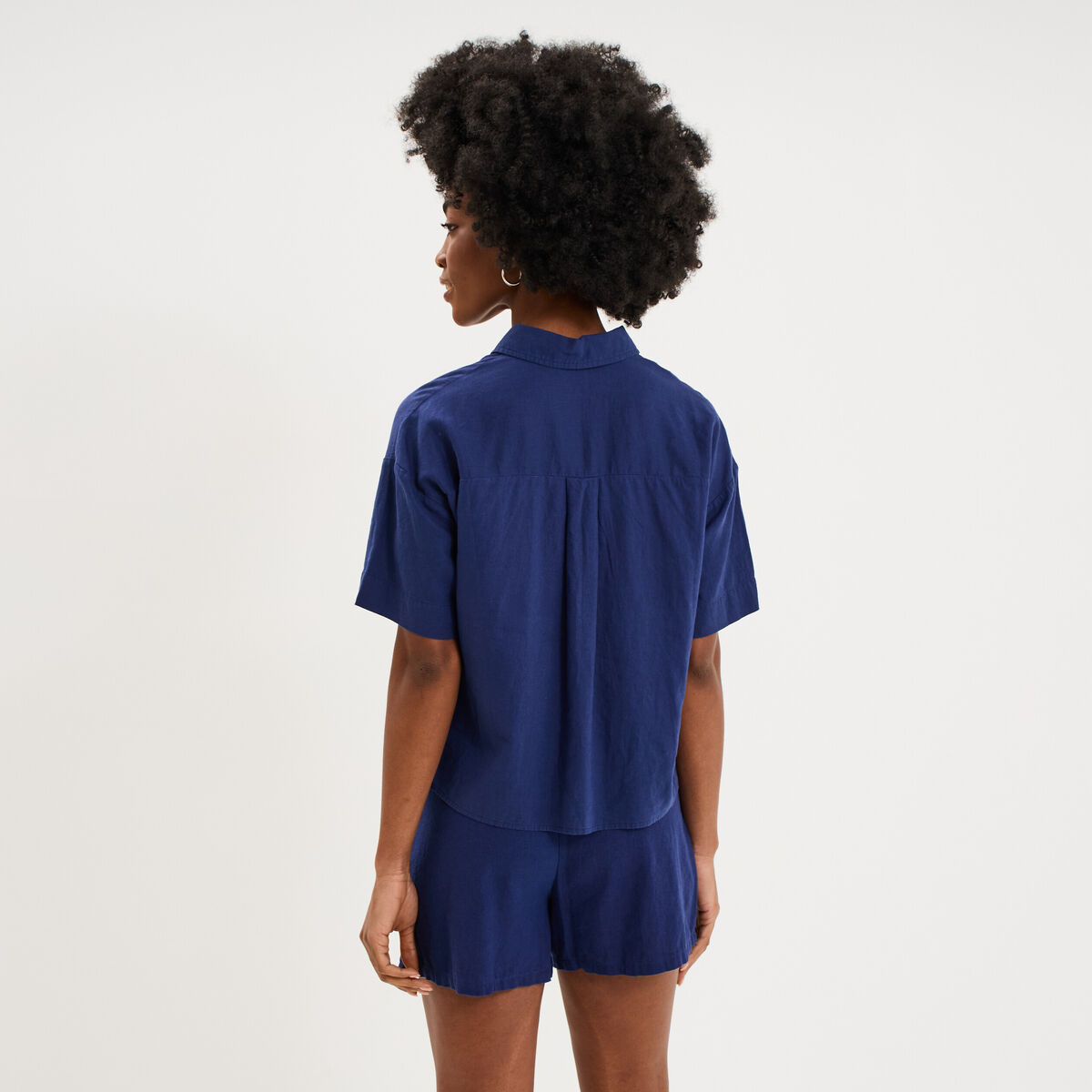 Chemise manches courtes lin m&eacute;lang&eacute; bleu fonc&eacute; femme