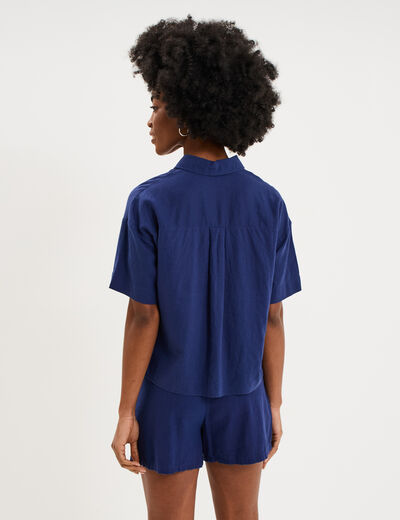 Chemise manches courtes lin m&eacute;lang&eacute; bleu fonc&eacute; femme