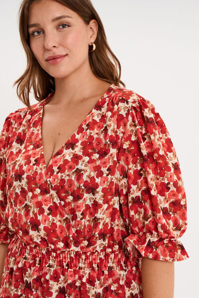 Robe longueur genou smock&eacute;e col V rouge coquelicot femme grande taille