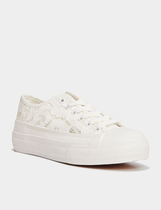 Tennis en toile dentelle &agrave; lacets blanc femme