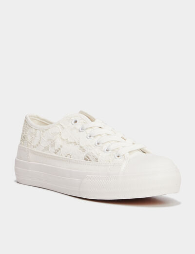 Tennis en toile dentelle &agrave; lacets blanc femme