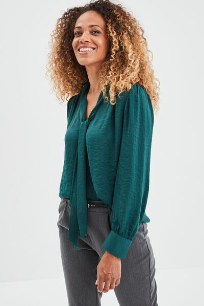 Blouse satin col lavallière droite vert foncé femme