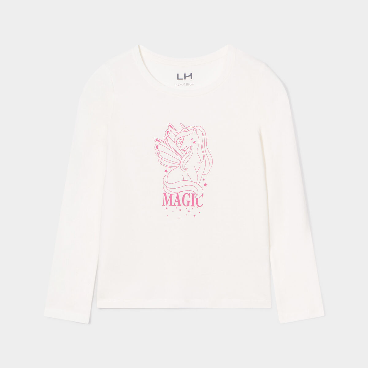 T-shirt col rond manches longues coton ivoire fille