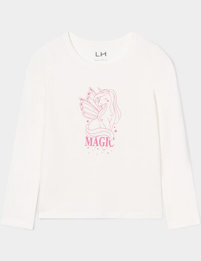 T-shirt col rond manches longues coton ivoire fille