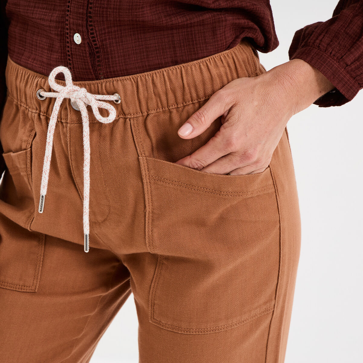 Pantalon droit taille élastiquée marron clair femme