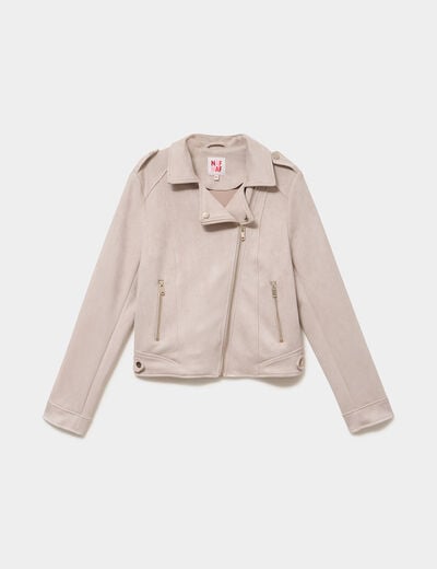 Veste biker effet su&eacute;dine beige femme