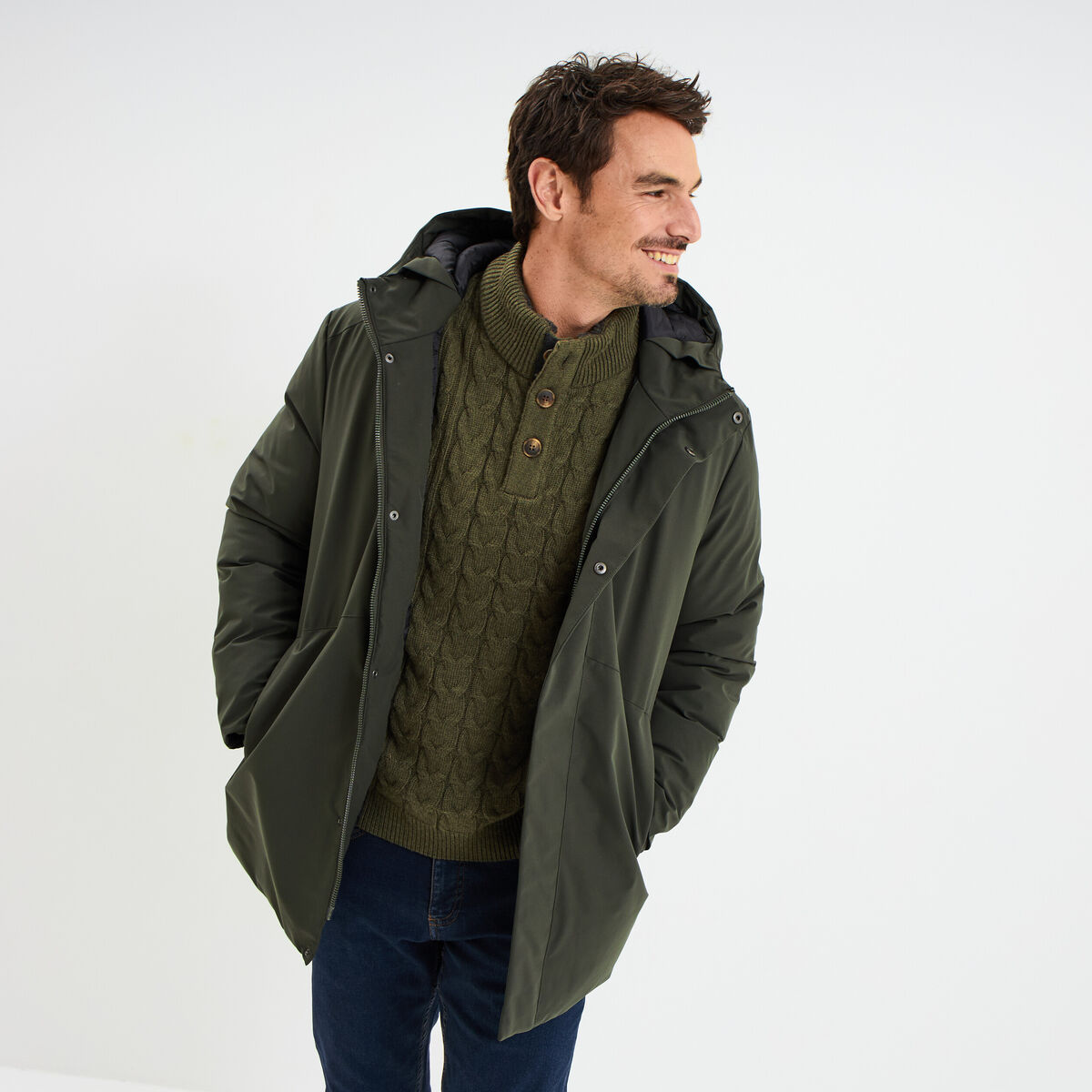 Parka mi-longue &agrave; capuche vert kaki homme