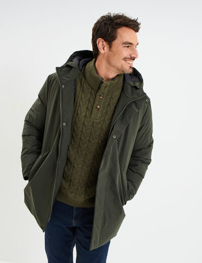 Parka mi-longue &agrave; capuche vert kaki homme
