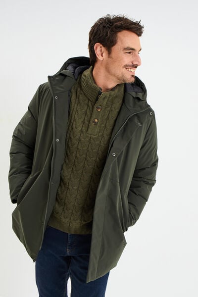 Parka mi-longue &agrave; capuche vert kaki homme
