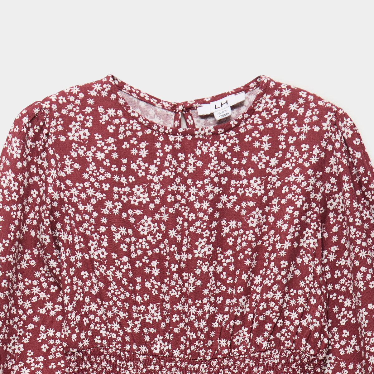 Robe courte patineuse &agrave; volants smock&eacute;e bordeaux fille