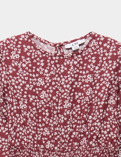 Robe courte patineuse &agrave; volants smock&eacute;e bordeaux fille