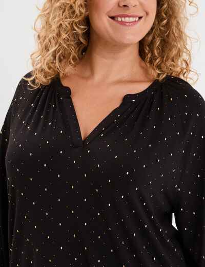 Blouse col en V manches 3/4 noir femme grande taille
