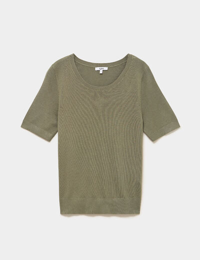 Pull manches courtes col rond vert kaki femme