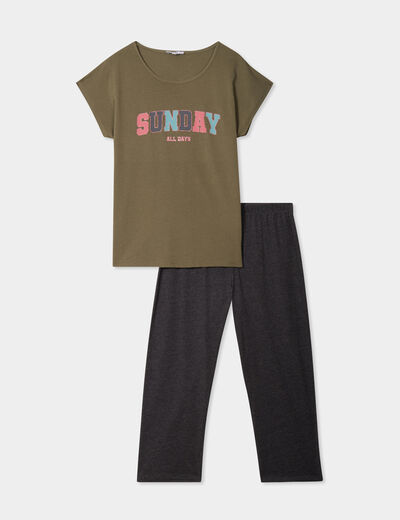 Ensemble pyjama corsaire t-shirt coton vert kaki femme