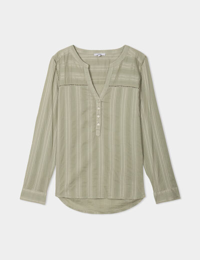 Blouse droite col mao coton vert kaki femme