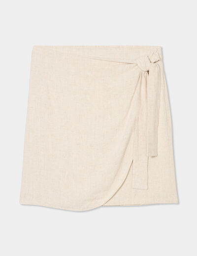 Jupe courte portefeuille mélange lin beige femme
