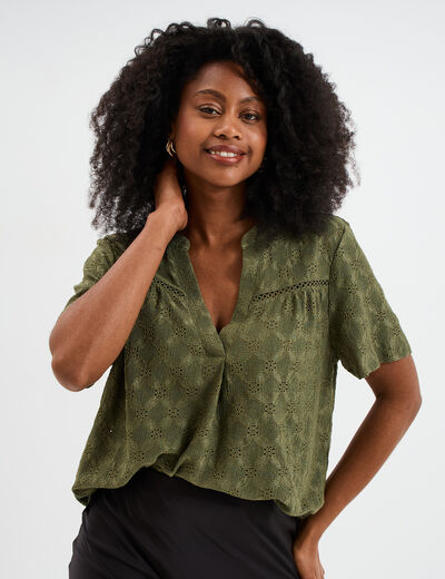 T-shirt broderie anglaise col tunisien vert kaki femme