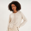 Gilet col rond &agrave; volants boutonn&eacute; ecru femme