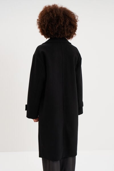 Manteau long oversize boutonn&eacute; noir femme