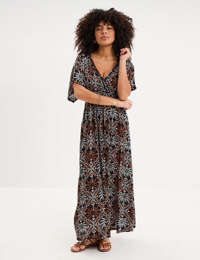 Robe fluide longue col et dos en V noir femme