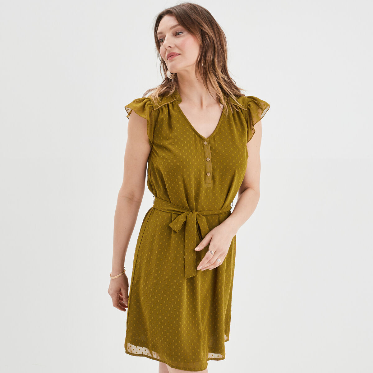 Robe col V plumetis droite ceinturée vert olive femme