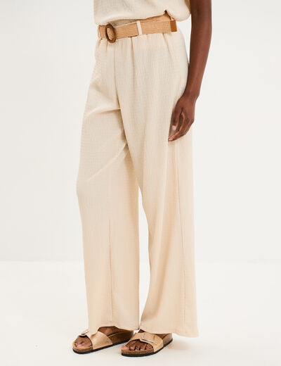 Pantalon fluide large avec ceinture sable femme